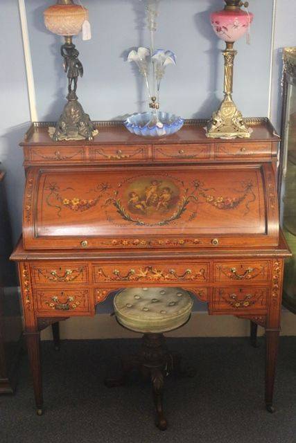 C19th Decorated Satinwood Clyinder  Desk Of Museum Quality  