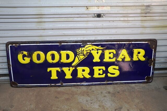 Early Good Year Tyres Embossed Rolled Edge Enamel Sign 