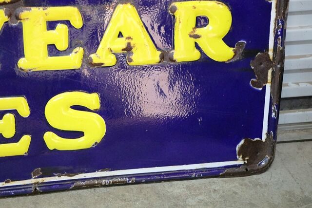 Early Good Year Tyres Embossed Rolled Edge Enamel Sign 