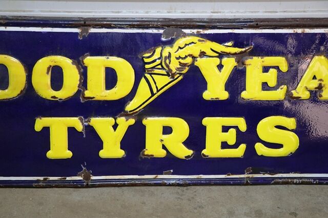 Early Good Year Tyres Embossed Rolled Edge Enamel Sign 