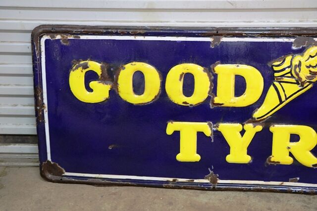 Early Good Year Tyres Embossed Rolled Edge Enamel Sign 