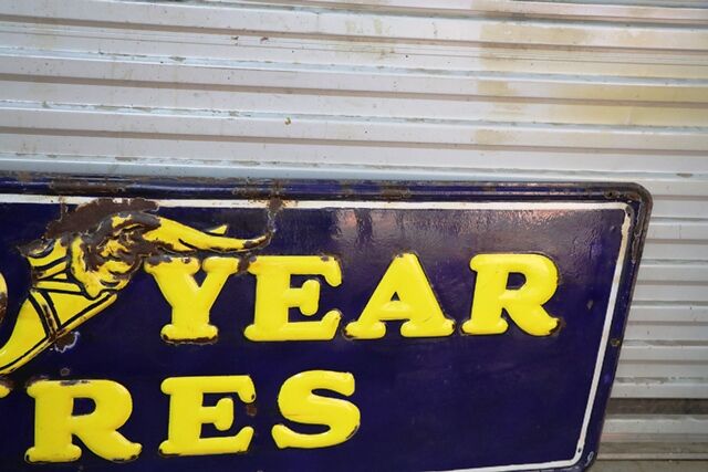 Early Good Year Tyres Embossed Rolled Edge Enamel Sign  