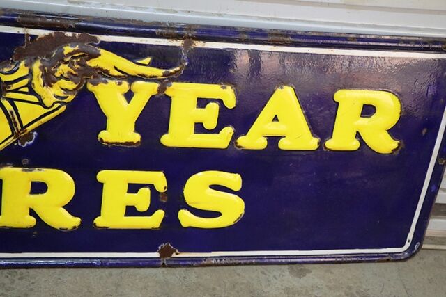 Early Good Year Tyres Embossed Rolled Edge Enamel Sign  