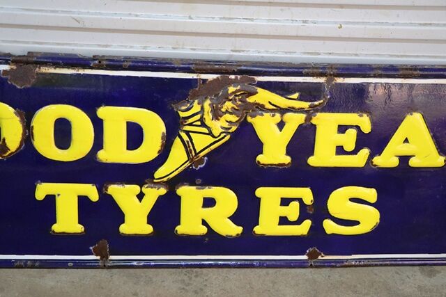 Early Good Year Tyres Embossed Rolled Edge Enamel Sign  