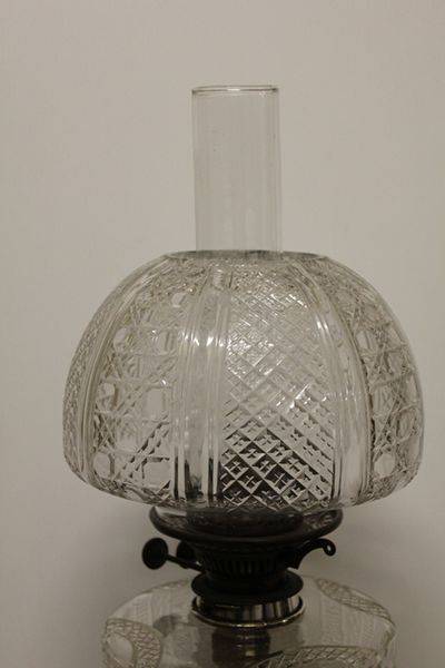 Exceptional Victorian Oil Lamp Cut Lead Glass Shade + Font Silver Plate Column