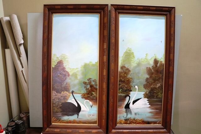 Framed Pair of 1920and39s Signed Oil Paintings River Swans 