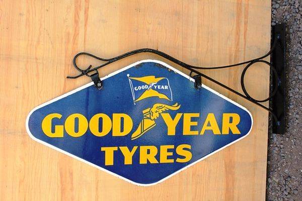 Goodyear Double Sided Enamel Sign With Wrought Iron Bracket