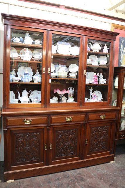 Large Antique Carved Walnut 3 Door Library Bookcase