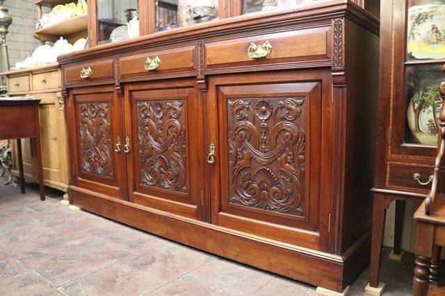 Large Antique Carved Walnut 3 Door Library Bookcase