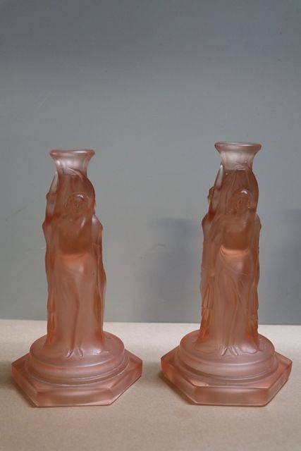 Pair Of Art Deco Pink Glass 3 Graces CandleSticks  