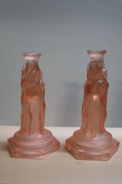 Pair Of Art Deco Pink Glass 3 Graces CandleSticks  