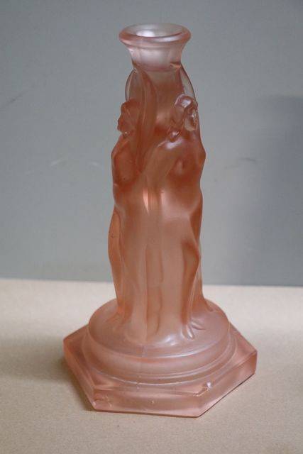 Pair Of Art Deco Pink Glass 3 Graces CandleSticks  