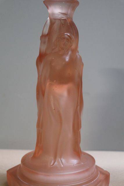 Pair Of Art Deco Pink Glass 3 Graces CandleSticks  
