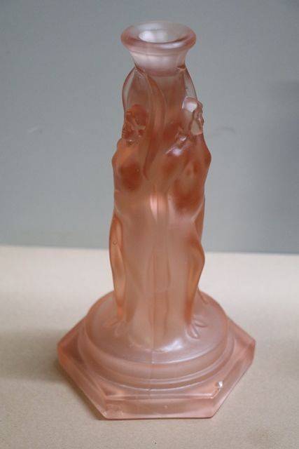 Pair Of Art Deco Pink Glass 3 Graces CandleSticks  