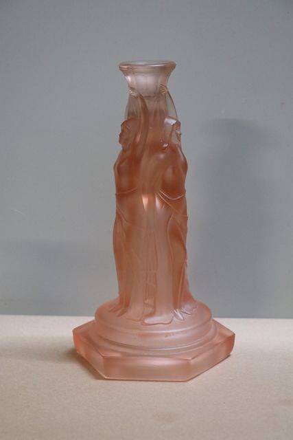 Pair Of Art Deco Pink Glass 3 Graces CandleSticks  