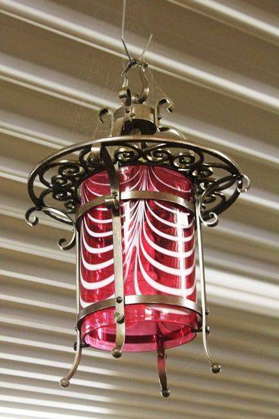 Pair Of Bronze And Ruby Overlay Glass Hanging Lamps