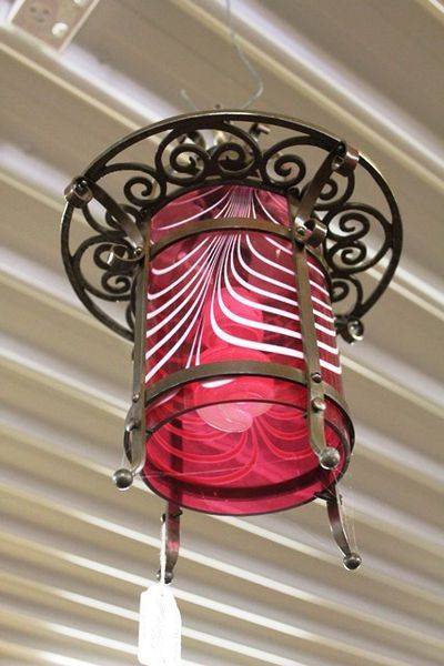 Pair Of Bronze And Ruby Overlay Glass Hanging Lamps