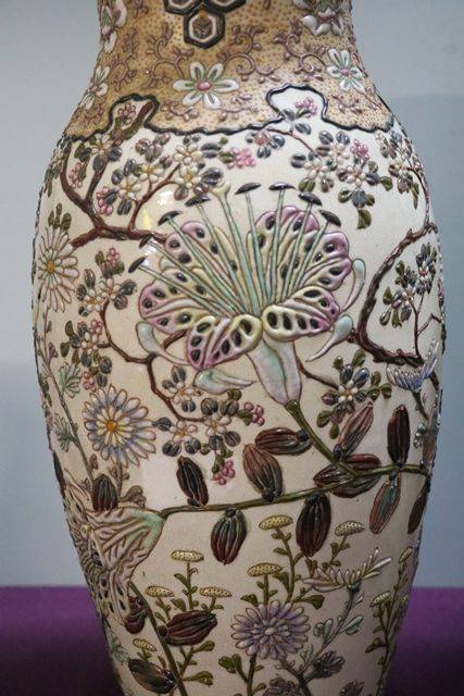 Pair Of Japanese Pottery Vases Embellished With Relief Decoration 