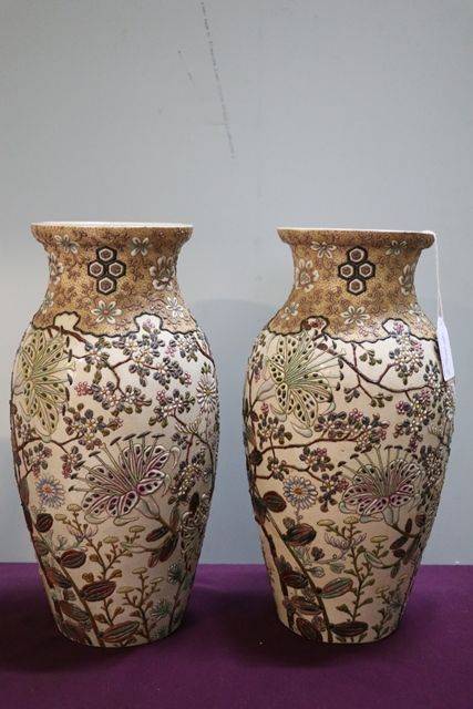 Pair Of Japanese Pottery Vases Embellished With Relief Decoration 