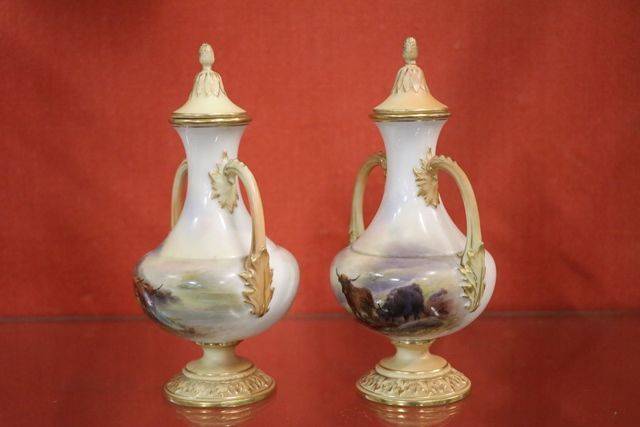 Pair Of Royal Worcester Harry Stinton Vases On Stands C1908