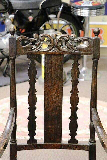 Pair of Antique English Carved Oak Carver Chairs 