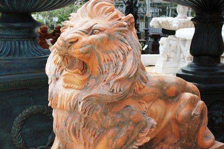 Pair of Large Tiger Eye Marble Lions on Stands 
