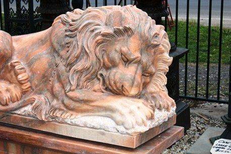 Pair of Large Tiger Eye Marble Sleeping Lions on Stands
