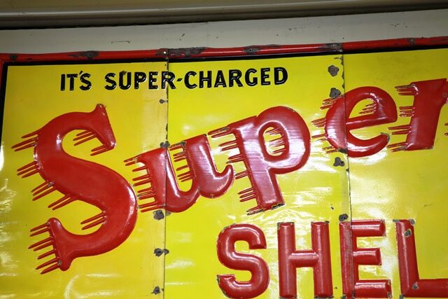 Rare 3 piece enamel + embossed Shell sign 