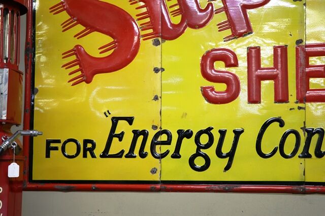 Rare 3 piece enamel + embossed Shell sign 