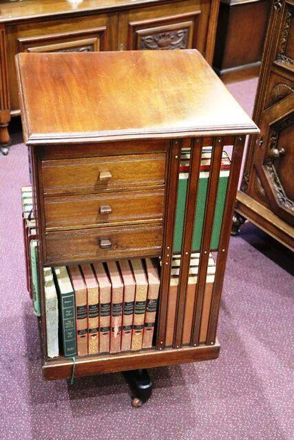 Rare Early C20th Walnut 3 Drawer Revolving Bookcase 