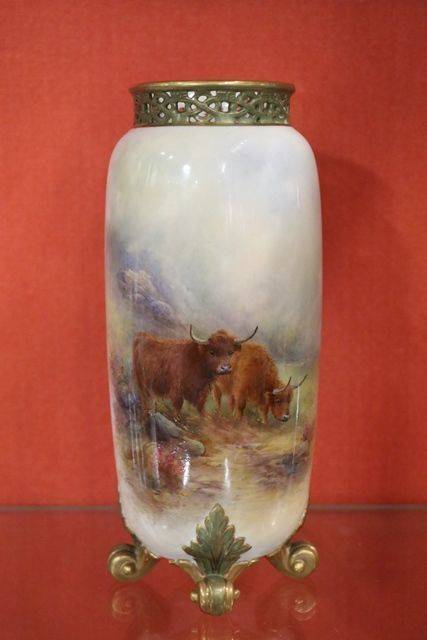 Royal Worcester Highland Cattle Pierced Vase by JStinton C1919