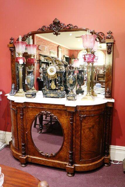 Stunning Antique Burr Walnut Mirror Back Credenza 