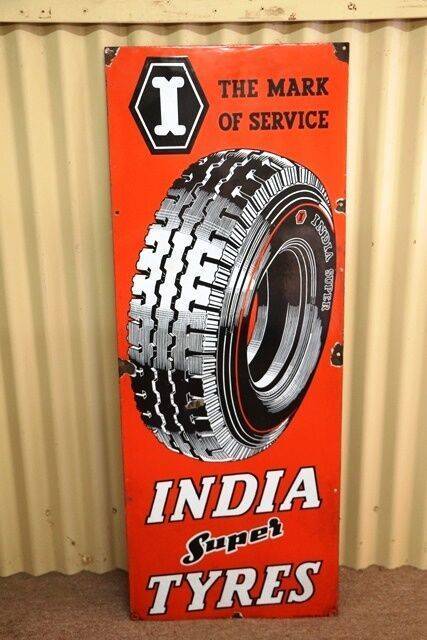 Stunning Vintage India Super Tyres Pictorial Enamel Sign 