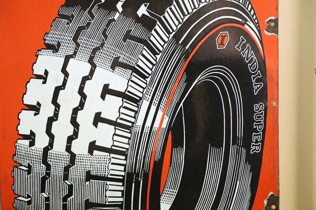Stunning Vintage India Super Tyres Pictorial Enamel Sign 