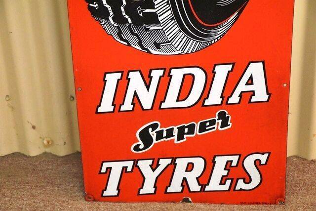 Stunning Vintage India Super Tyres Pictorial Enamel Sign 
