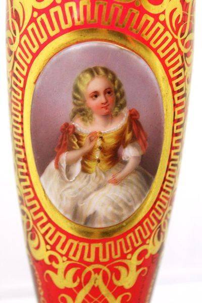 Superb Victorian Ruby And Gilt Hand Painted Cameo Vase