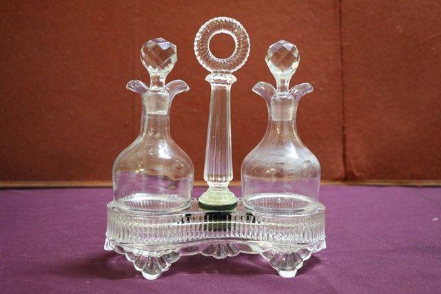 Victorian 2 Bottle Oil + Vinegar Glass Cruet 