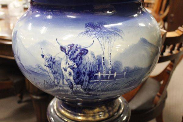 Victorian China Highland Cattle Jardiniere And Stand English C1890 