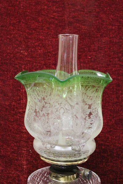 Victorian Oil Lamp Cut Glass Font Original Green Shade