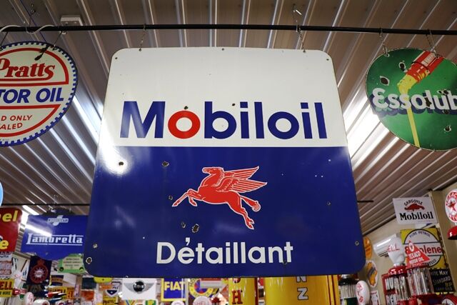 Vintage French Mobiloil Distributor Double Sided Enamel Sign 