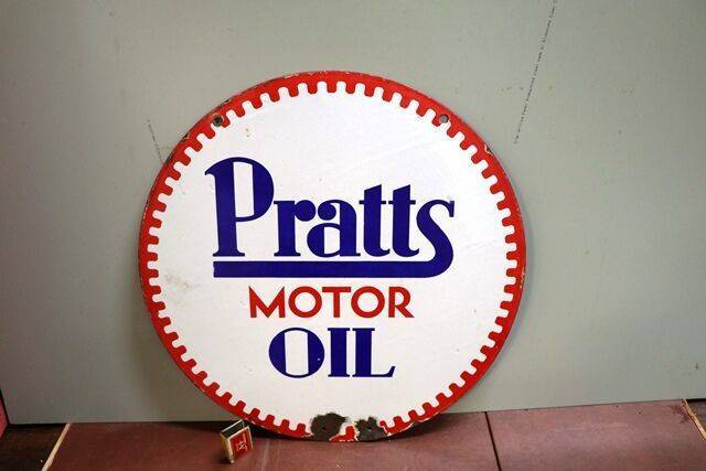 Vintage PRATTS Motor Oil Circular Double Sided Enamel Sign 