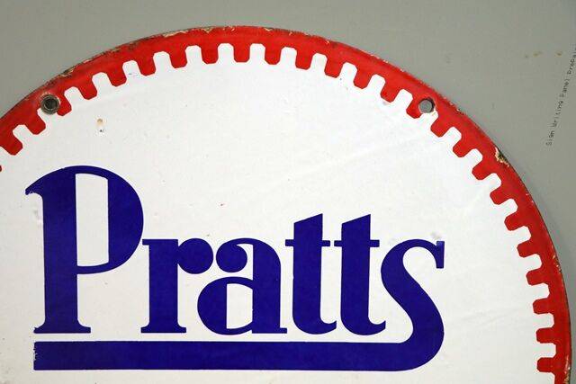 Vintage PRATTS Motor Oil Circular Double Sided Enamel Sign 