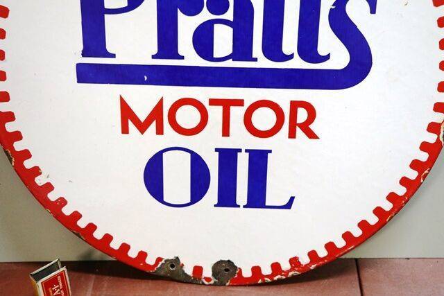 Vintage PRATTS Motor Oil Circular Double Sided Enamel Sign 