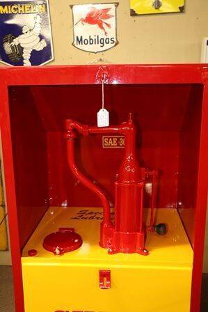 Vintage Shell Stickman Single Pump Garage Lubester Cabinet