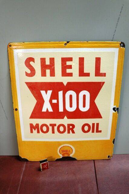 Vintage Shell X100 Motor Oil Enamel Adv Sign 
