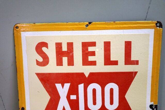 Vintage Shell X100 Motor Oil Enamel Adv Sign 