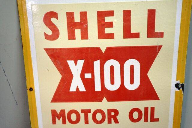 Vintage Shell X100 Motor Oil Enamel Adv Sign 