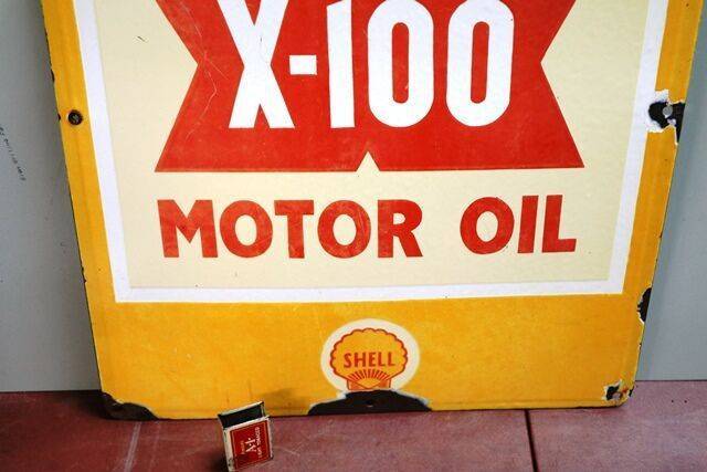 Vintage Shell X100 Motor Oil Enamel Adv Sign 