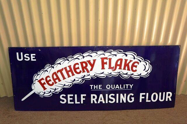 Vintage Use Feathery Flake Enamel Advertising Sign 