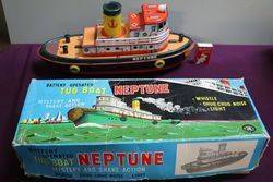 Battery Operated Modern Toys Japanese Tug Boat Neptune Tin Plate